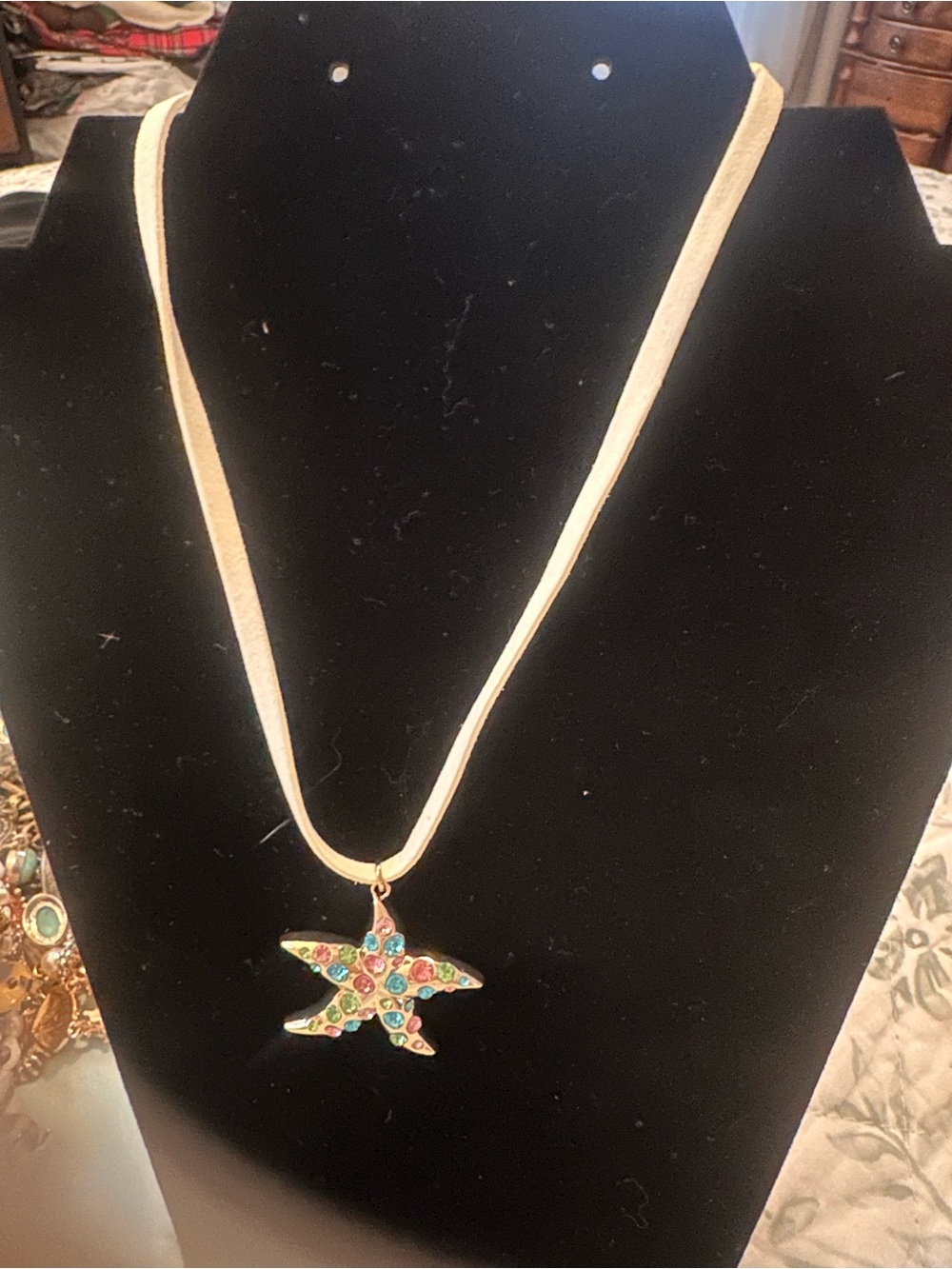 Amazon Multicolor Crystal Starfish Pendant on Cream Cord Necklace